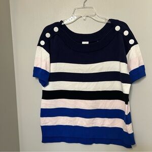 CAbi Medium Short Sleeve Blue White Pink Striped Sailor Pullover Sweater #5448